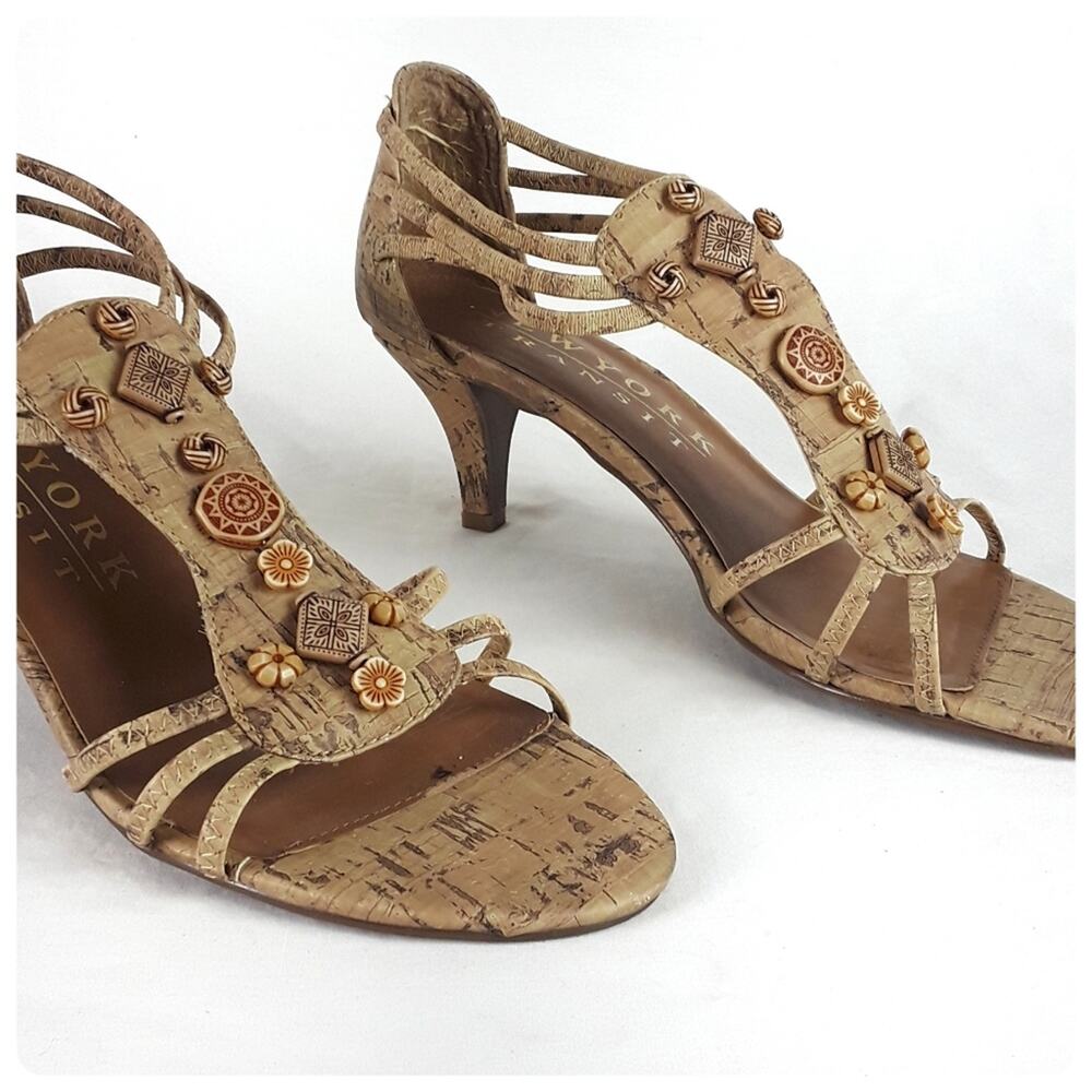 NEW YORK TRANSIT Strappy Cork Beaded Heels Size 7.5 Retro Vintage Cork Sandals